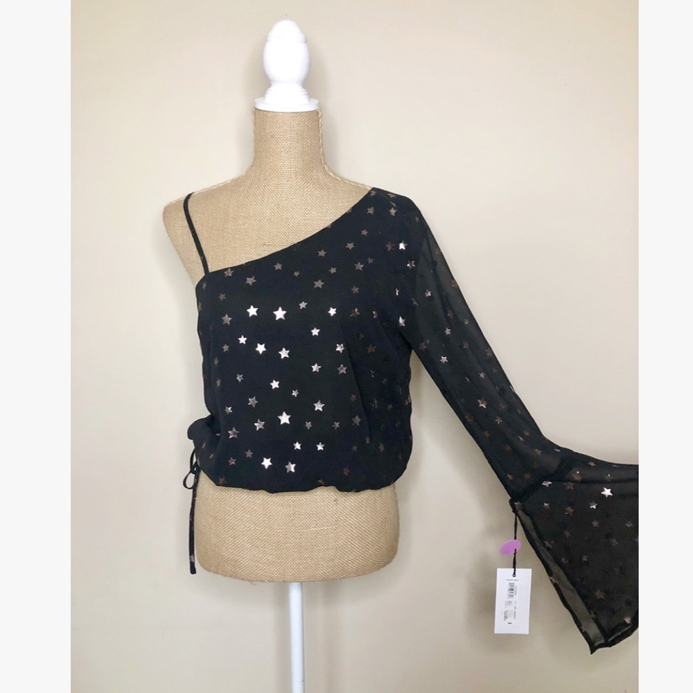 Black One Shoulder Starry Metallic Sheer Blouse